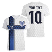 Custom Finland National Football Women V-Neck T-Shirt Pine Trees with Diamond Shapes - Wonder Print Shop