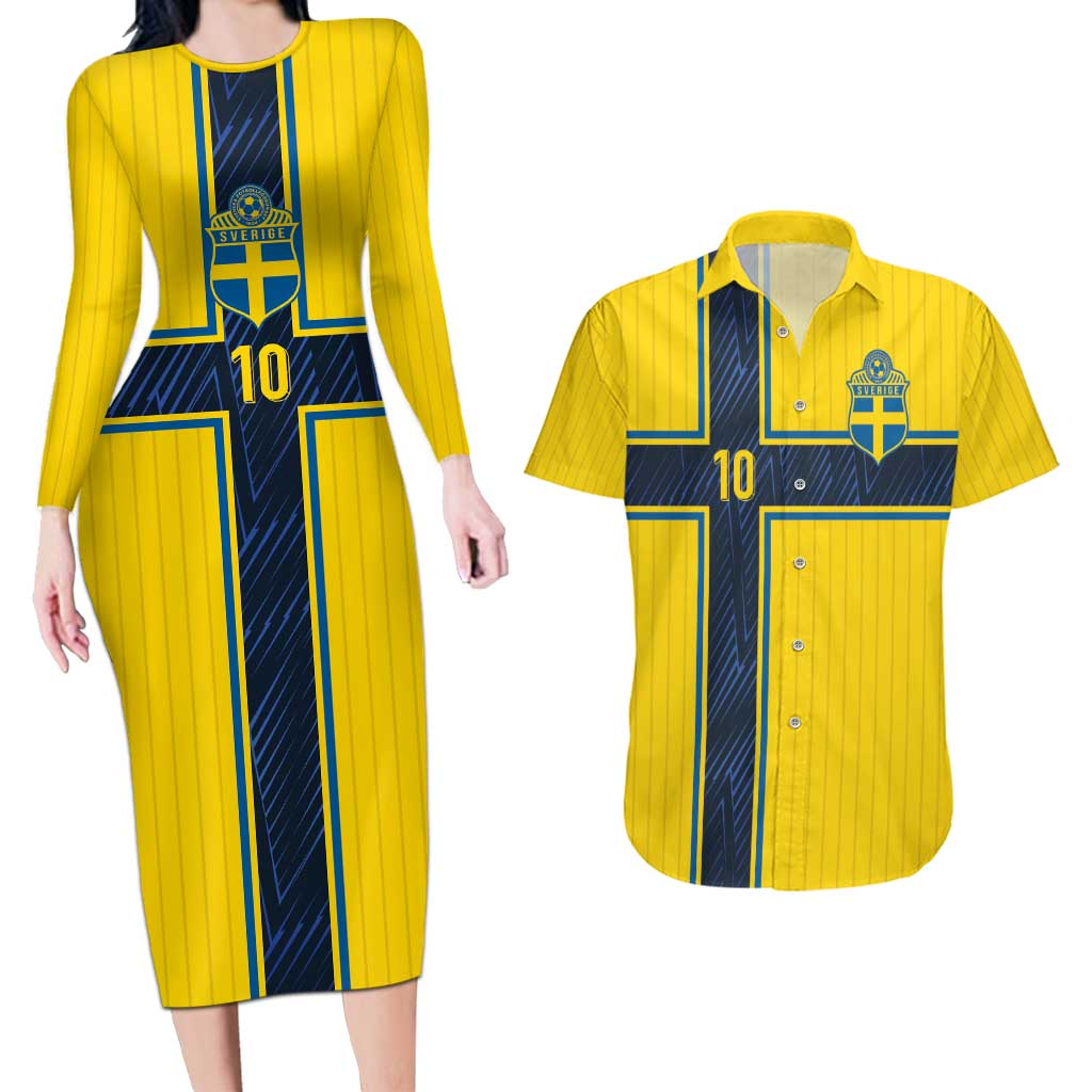 Custom Sweden National Football Couples Matching Long Sleeve Bodycon Dress and Hawaiian Shirt Glory The Blue and Yellow - Wonder Print Shop