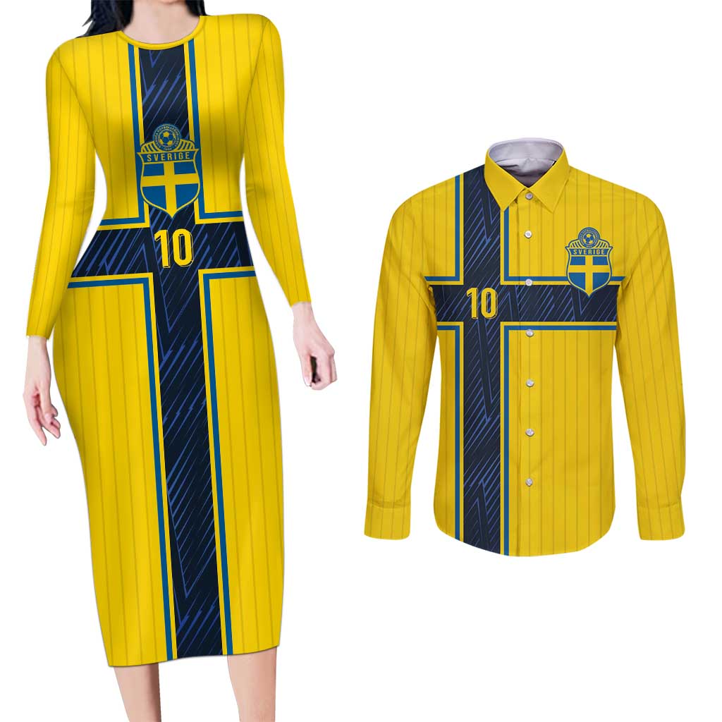 Custom Sweden National Football Couples Matching Long Sleeve Bodycon Dress and Long Sleeve Button Shirt Glory The Blue and Yellow - Wonder Print Shop