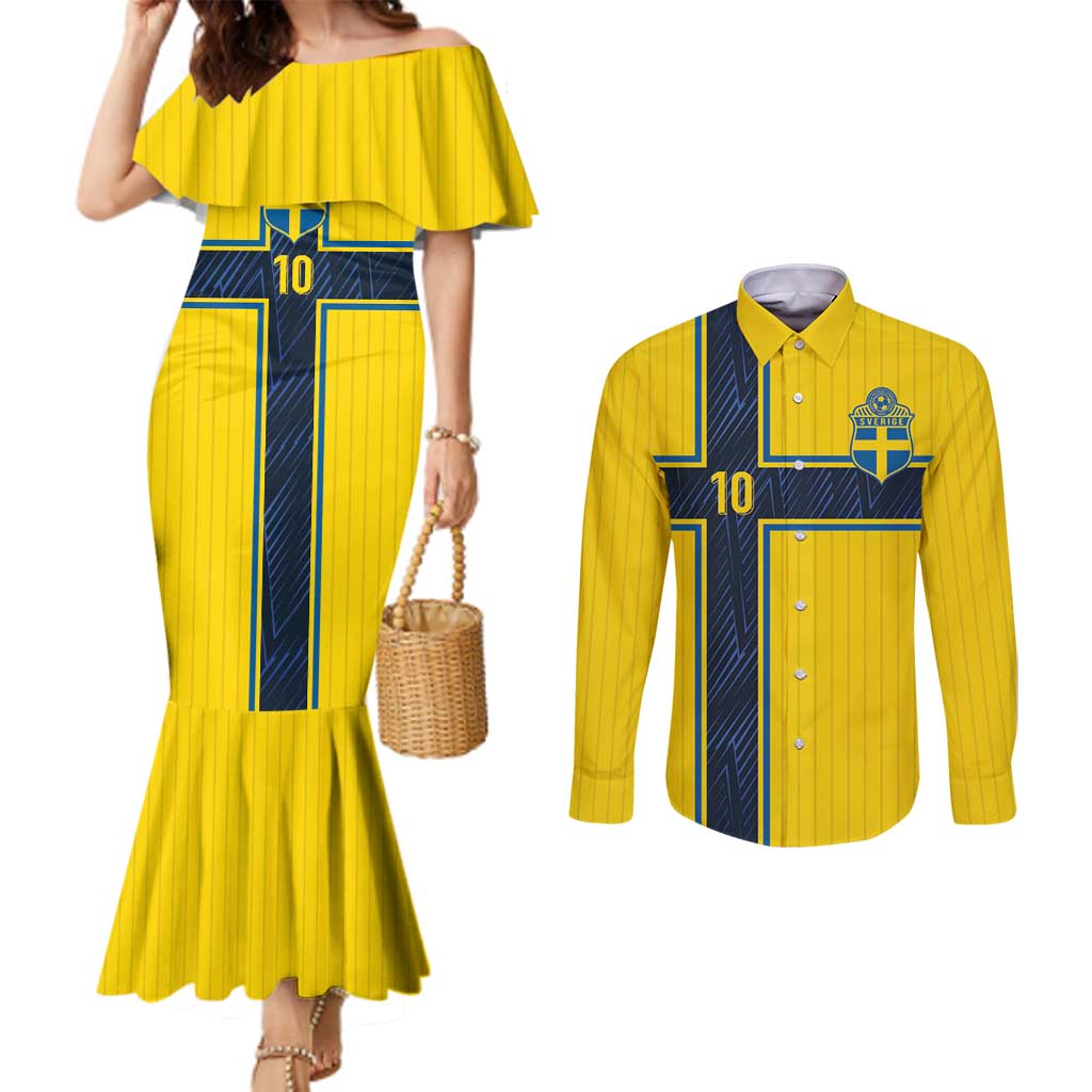 Custom Sweden National Football Couples Matching Mermaid Dress and Long Sleeve Button Shirt Glory The Blue and Yellow - Wonder Print Shop