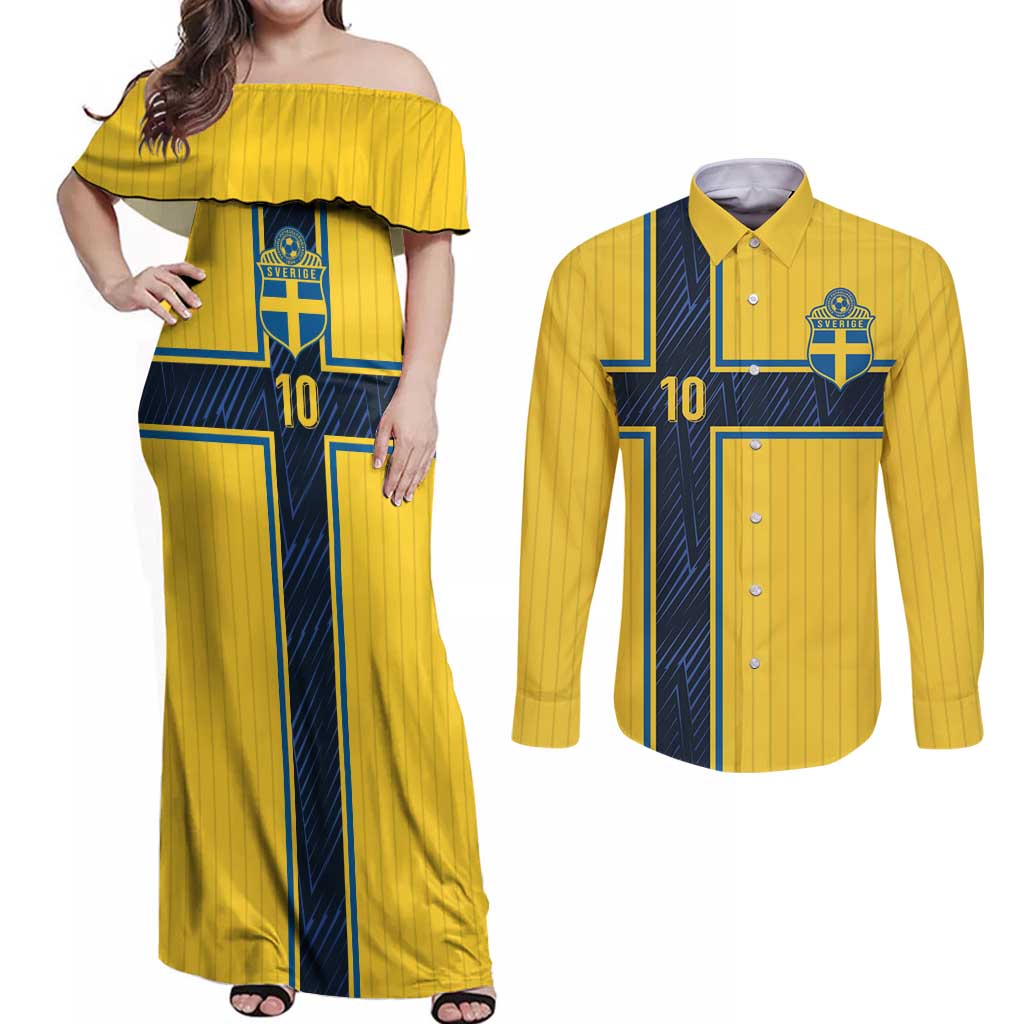 Custom Sweden National Football Couples Matching Off Shoulder Maxi Dress and Long Sleeve Button Shirt Glory The Blue and Yellow - Wonder Print Shop