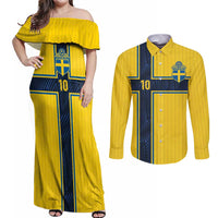 Custom Sweden National Football Couples Matching Off Shoulder Maxi Dress and Long Sleeve Button Shirt Glory The Blue and Yellow - Wonder Print Shop
