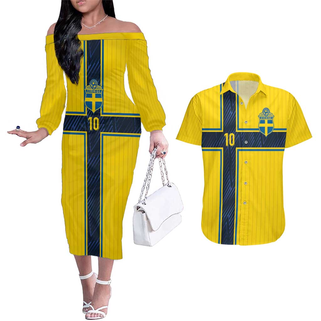 Custom Sweden National Football Couples Matching Off The Shoulder Long Sleeve Dress and Hawaiian Shirt Glory The Blue and Yellow - Wonder Print Shop