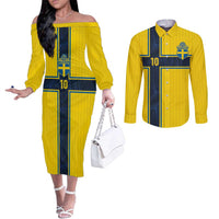 Custom Sweden National Football Couples Matching Off The Shoulder Long Sleeve Dress and Long Sleeve Button Shirt Glory The Blue and Yellow - Wonder Print Shop