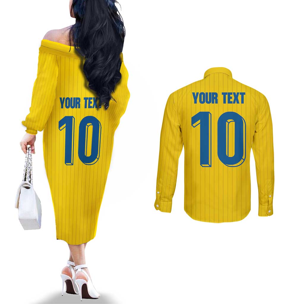 Custom Sweden National Football Couples Matching Off The Shoulder Long Sleeve Dress and Long Sleeve Button Shirt Glory The Blue and Yellow - Wonder Print Shop