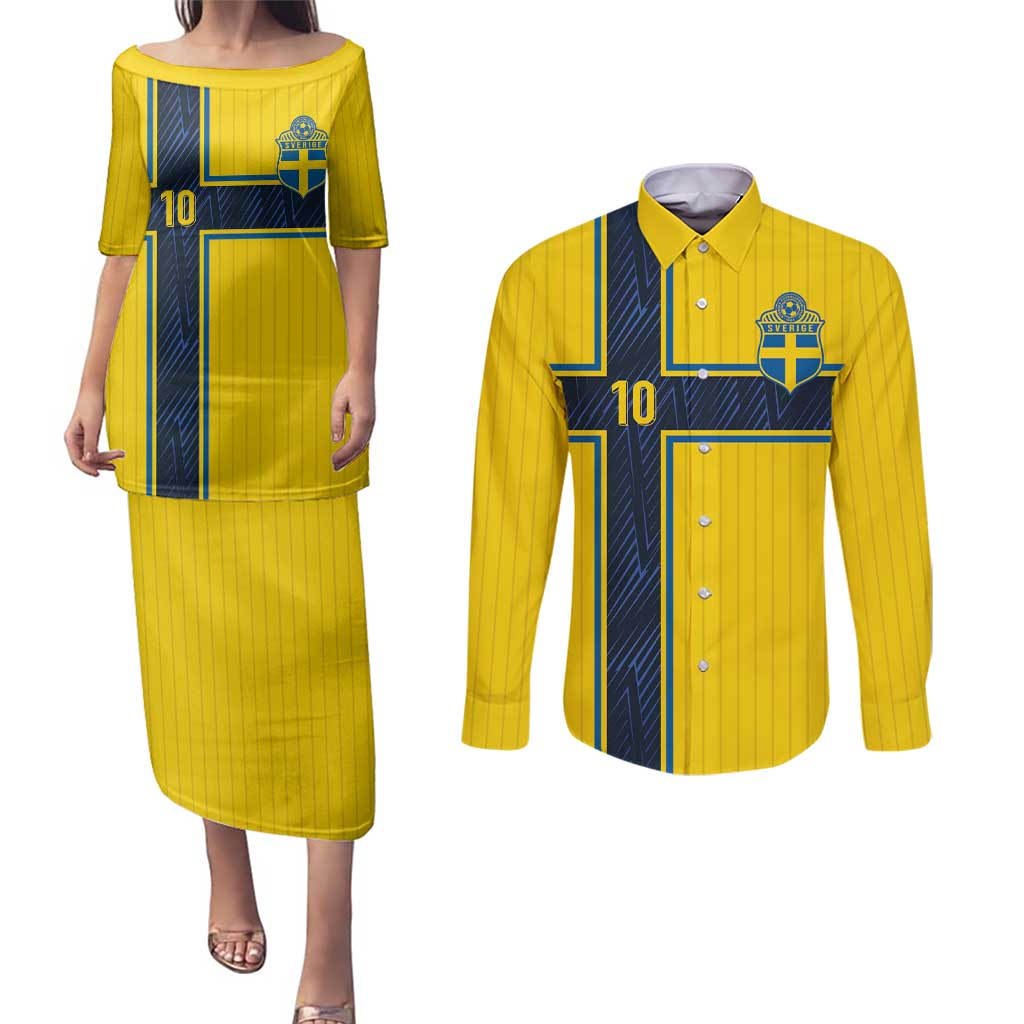 Custom Sweden National Football Couples Matching Puletasi and Long Sleeve Button Shirt Glory The Blue and Yellow - Wonder Print Shop