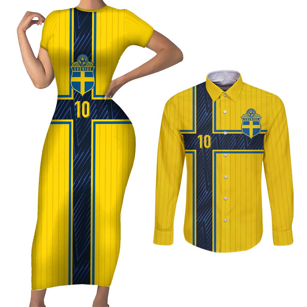 Custom Sweden National Football Couples Matching Short Sleeve Bodycon Dress and Long Sleeve Button Shirt Glory The Blue and Yellow - Wonder Print Shop
