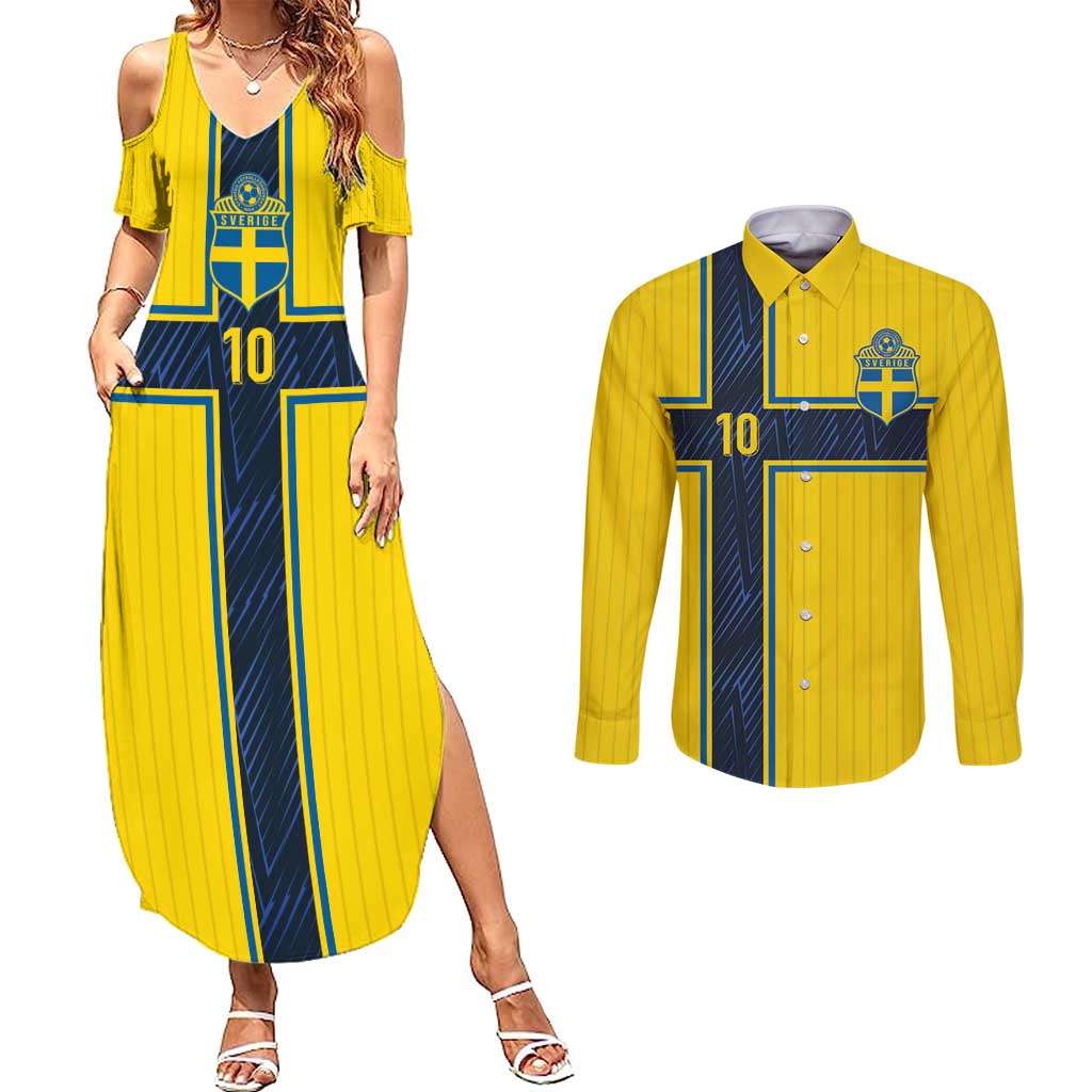Custom Sweden National Football Couples Matching Summer Maxi Dress and Long Sleeve Button Shirt Glory The Blue and Yellow - Wonder Print Shop