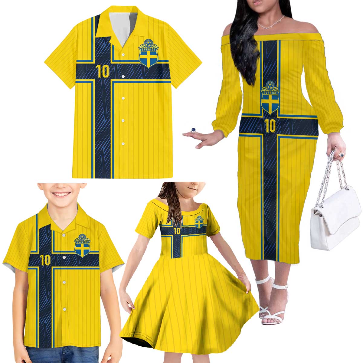 Custom Sweden National Football Family Matching Off The Shoulder Long Sleeve Dress and Hawaiian Shirt Glory The Blue and Yellow - Wonder Print Shop