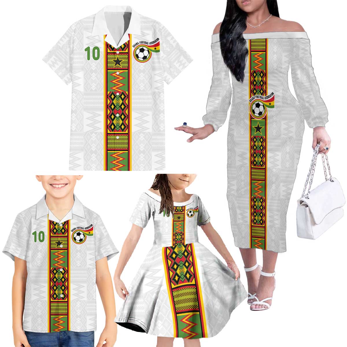 Custom Ghana National Football Family Matching Off The Shoulder Long Sleeve Dress and Hawaiian Shirt Traditional African Motifs Sporty Style - Wonder Print Shop