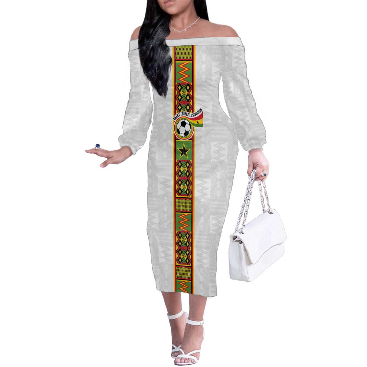 Custom Ghana National Football Family Matching Off The Shoulder Long Sleeve Dress and Hawaiian Shirt Traditional African Motifs Sporty Style - Wonder Print Shop
