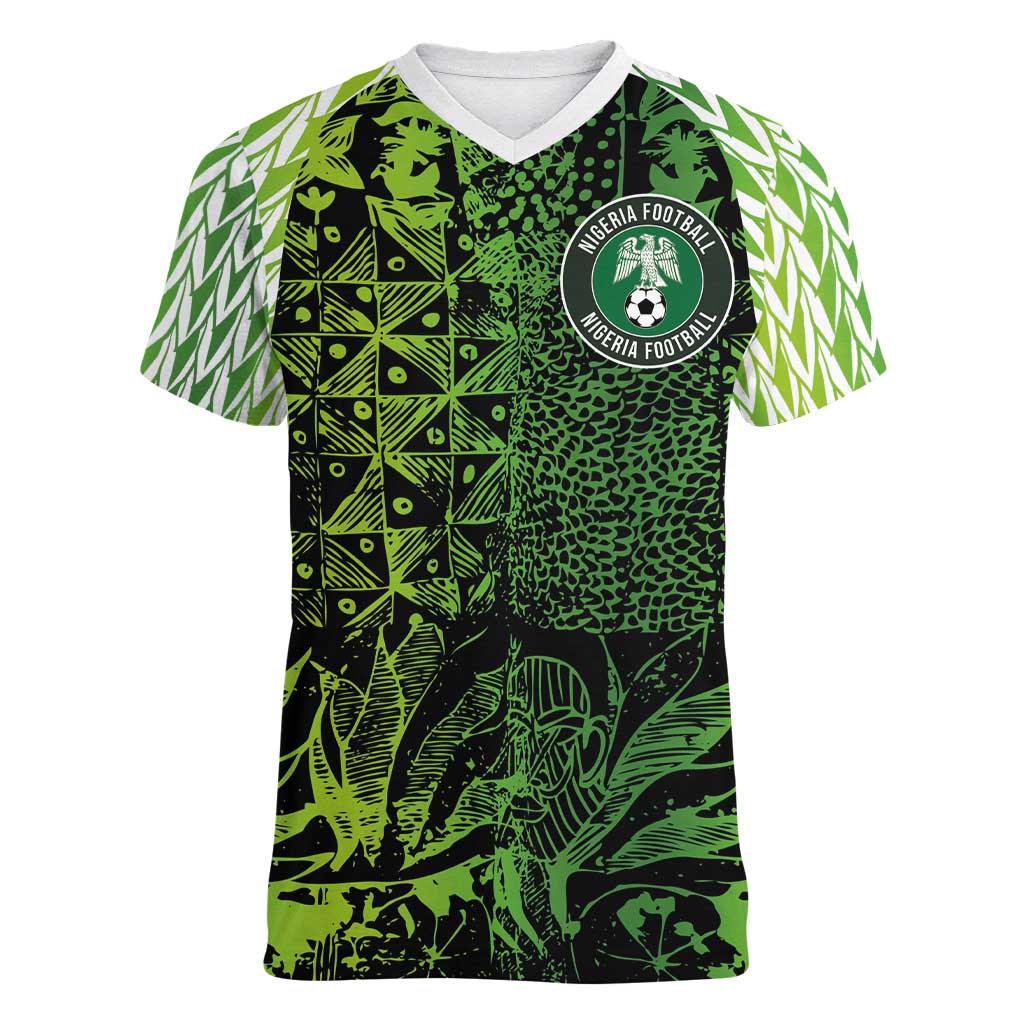 Custom Nigeria National Football Women V-Neck T-Shirt Super Eagles-Feather Shoulders Sleeves Armor - Wonder Print Shop