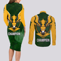 South Africa Rugby Couples Matching Long Sleeve Bodycon Dress and Long Sleeve Button Shirt Springbok Mascot History Champion World Rugby 2023 - Wonder Print Shop