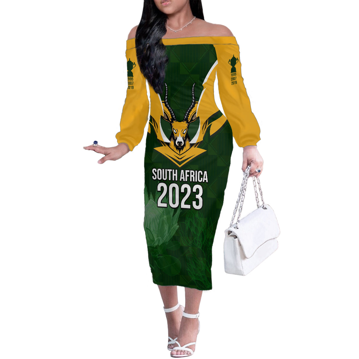 South Africa Rugby Family Matching Off Shoulder Long Sleeve Dress and Hawaiian Shirt Springbok Mascot History Champion World Rugby 2023 - Wonder Print Shop