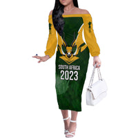 South Africa Rugby Family Matching Off Shoulder Long Sleeve Dress and Hawaiian Shirt Springbok Mascot History Champion World Rugby 2023 - Wonder Print Shop