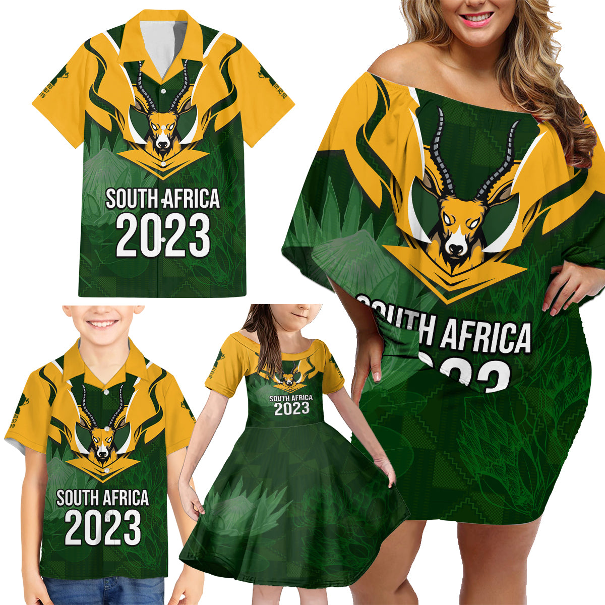 South Africa Rugby Family Matching Off Shoulder Short Dress and Hawaiian Shirt Springbok Mascot History Champion World Rugby 2023 - Wonder Print Shop