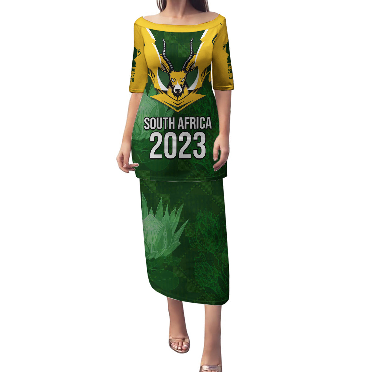 South Africa Rugby Family Matching Puletasi Dress and Hawaiian Shirt Springbok Mascot History Champion World Rugby 2023 - Wonder Print Shop