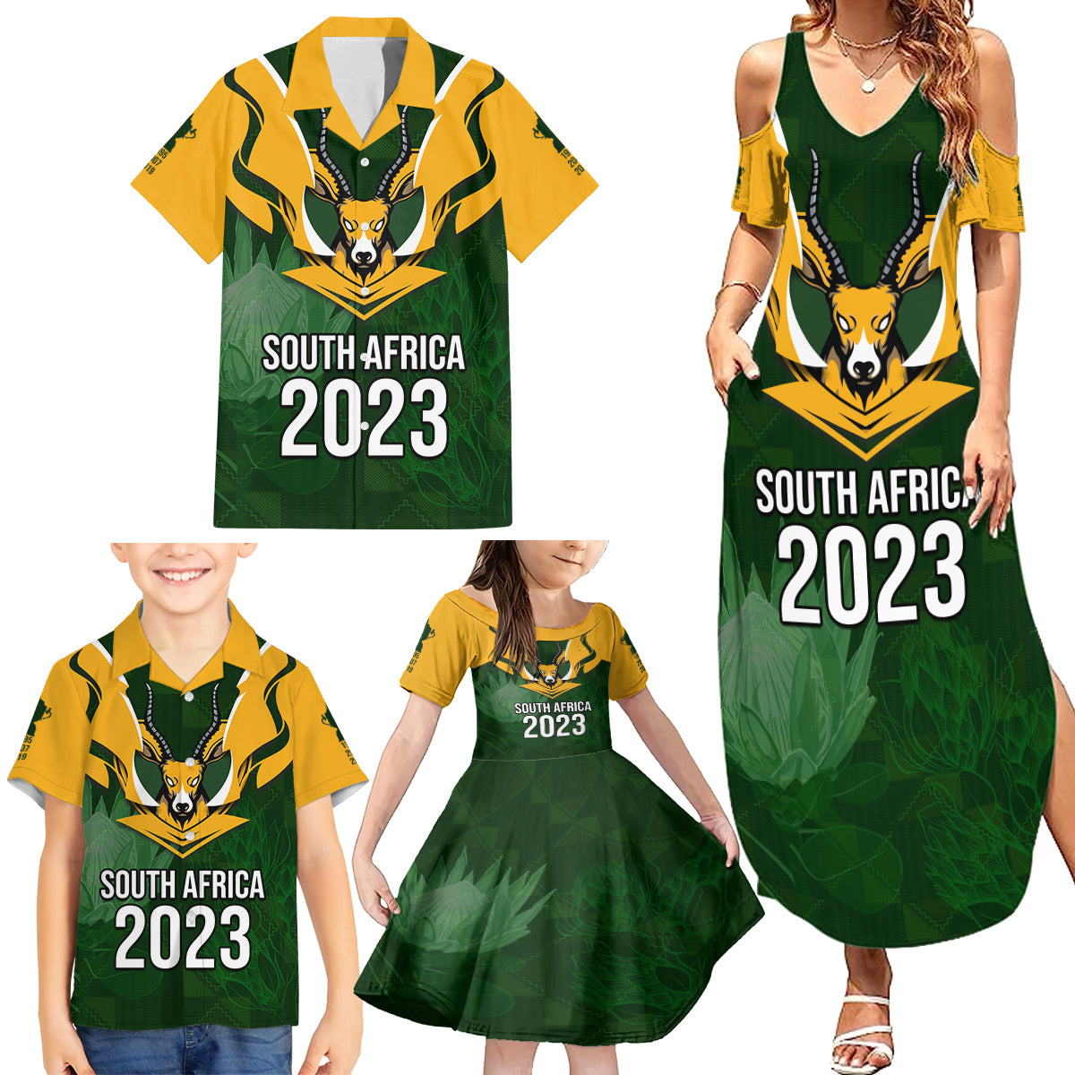 South Africa Rugby Family Matching Summer Maxi Dress and Hawaiian Shirt Springbok Mascot History Champion World Rugby 2023 - Wonder Print Shop