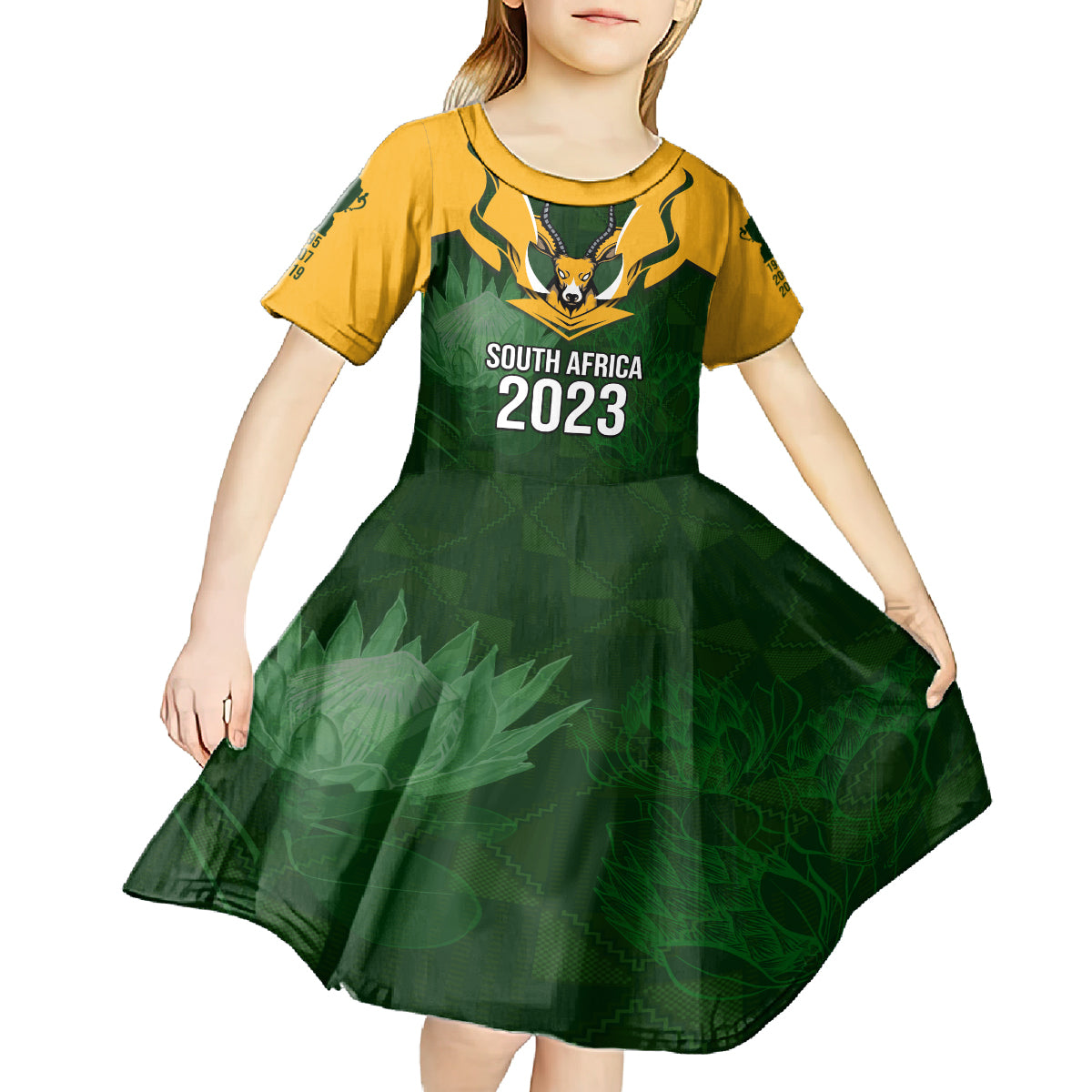South Africa Rugby Kid Short Sleeve Dress Springbok Mascot History Champion World Rugby 2023 - Wonder Print Shop