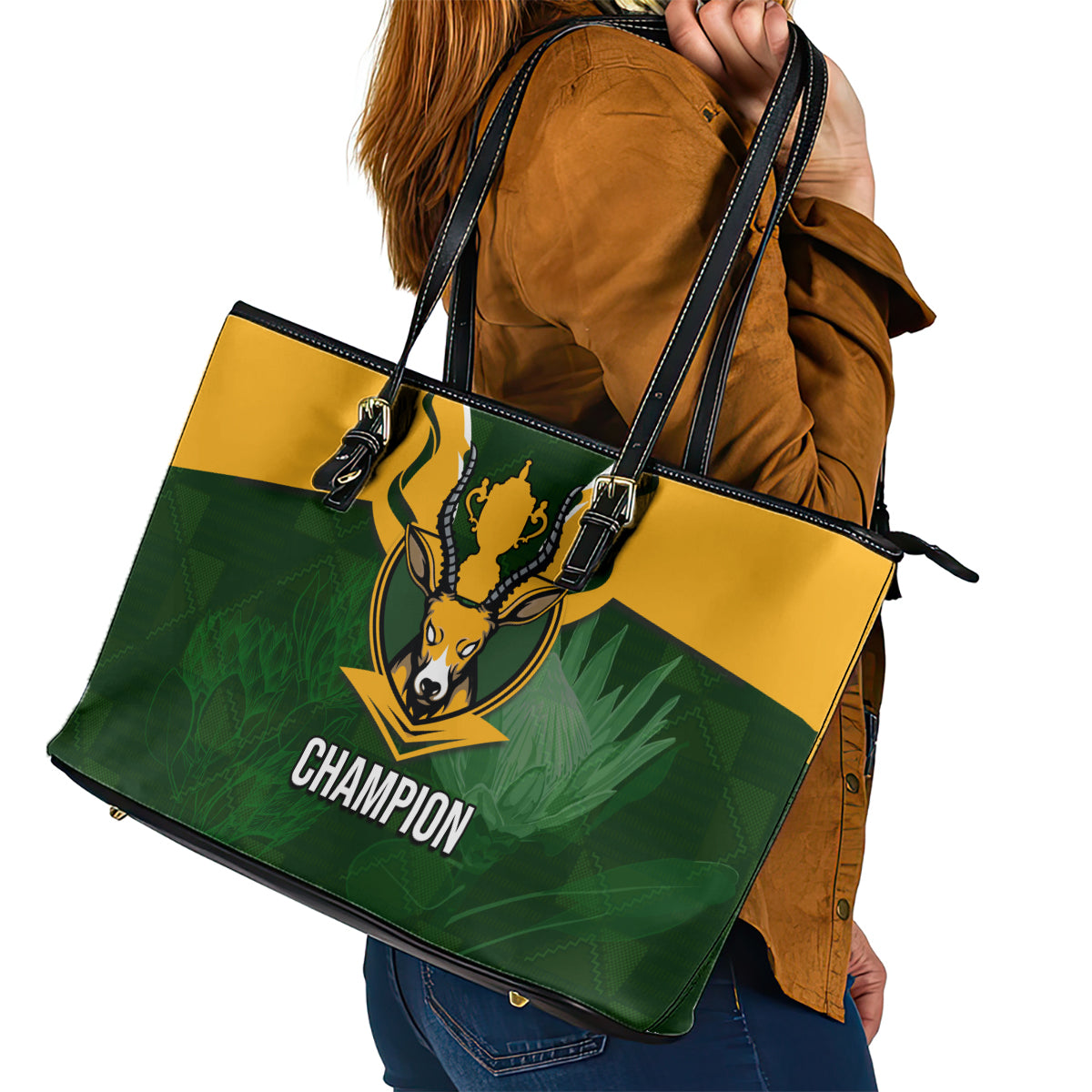 South Africa Rugby Leather Tote Bag Springbok Mascot History Champion World Rugby 2023 - Wonder Print Shop