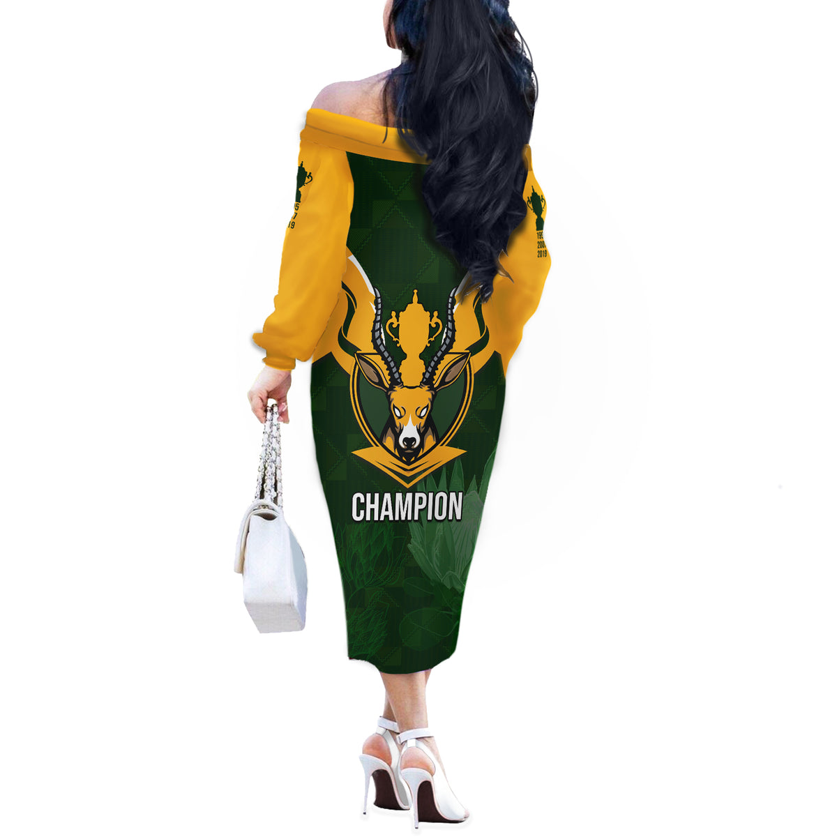 South Africa Rugby Off The Shoulder Long Sleeve Dress Springbok Mascot History Champion World Rugby 2023 - Wonder Print Shop