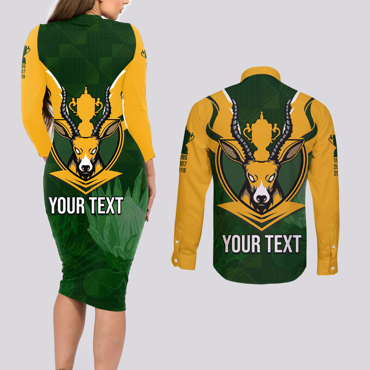 Personalised South Africa Rugby Couples Matching Long Sleeve Bodycon Dress and Long Sleeve Button Shirt Springbok Mascot History Champion World Rugby 2023 - Wonder Print Shop