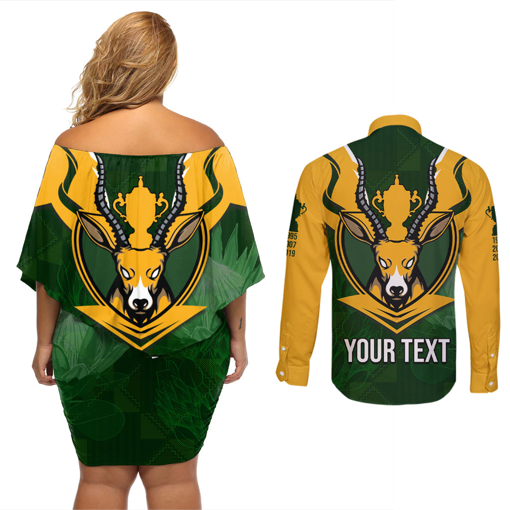 Personalised South Africa Rugby Couples Matching Off Shoulder Short Dress and Long Sleeve Button Shirt Springbok Mascot History Champion World Rugby 2023 - Wonder Print Shop