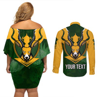 Personalised South Africa Rugby Couples Matching Off Shoulder Short Dress and Long Sleeve Button Shirt Springbok Mascot History Champion World Rugby 2023 - Wonder Print Shop