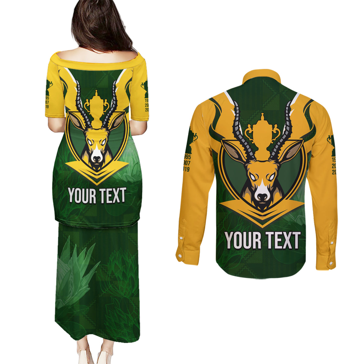 Personalised South Africa Rugby Couples Matching Puletasi Dress and Long Sleeve Button Shirt Springbok Mascot History Champion World Rugby 2023 - Wonder Print Shop
