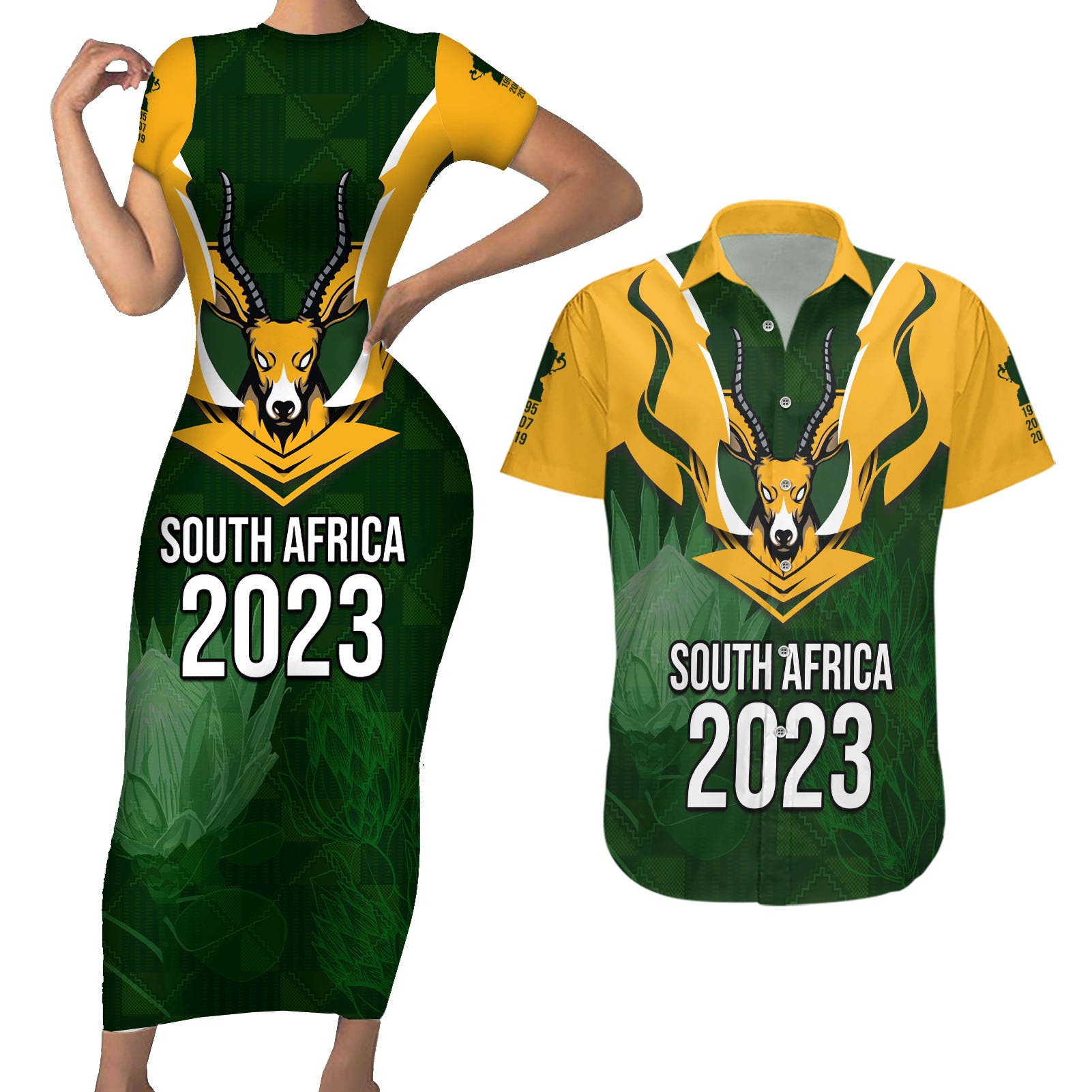 Personalised South Africa Rugby Couples Matching Short Sleeve Bodycon Dress and Hawaiian Shirt Springbok Mascot History Champion World Rugby 2023 - Wonder Print Shop