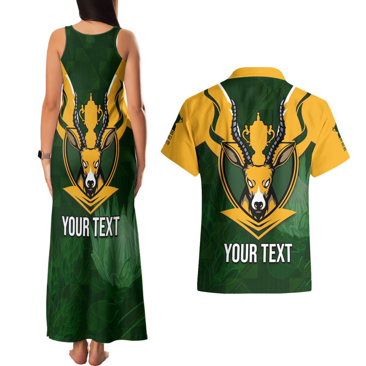 Personalised South Africa Rugby Couples Matching Tank Maxi Dress and Hawaiian Shirt Springbok Mascot History Champion World Rugby 2023 - Wonder Print Shop