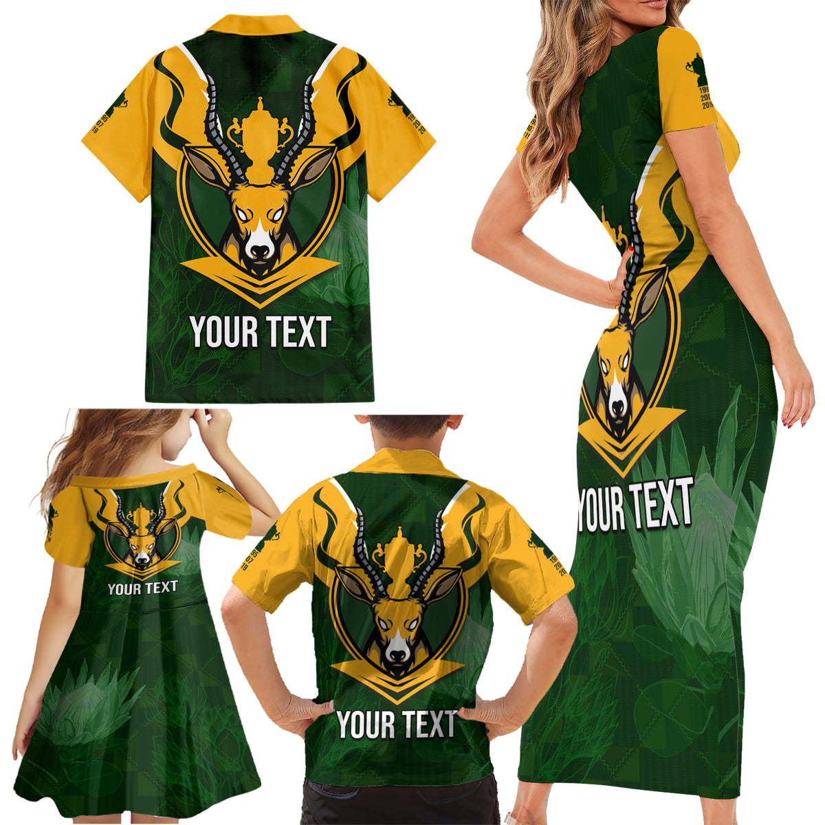 Personalised South Africa Rugby Family Matching Short Sleeve Bodycon Dress and Hawaiian Shirt Springbok Mascot History Champion World Rugby 2023 - Wonder Print Shop