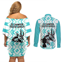 South Africa Rugby Couples Matching Off Shoulder Short Dress and Long Sleeve Button Shirt Commemorative World Cup Winners 2023 - Wonder Print Shop