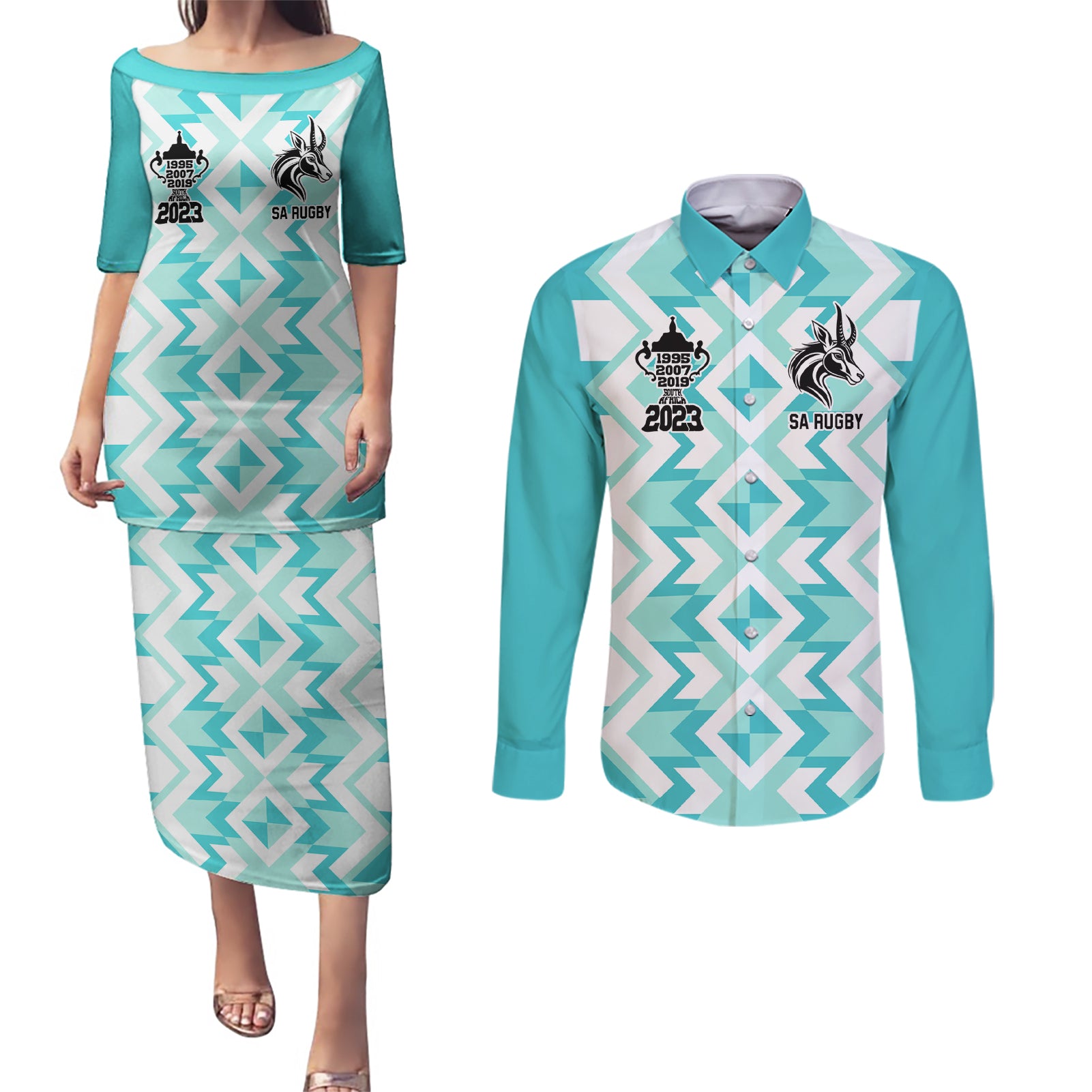 South Africa Rugby Couples Matching Puletasi Dress and Long Sleeve Button Shirt Commemorative World Cup Winners 2023 - Wonder Print Shop