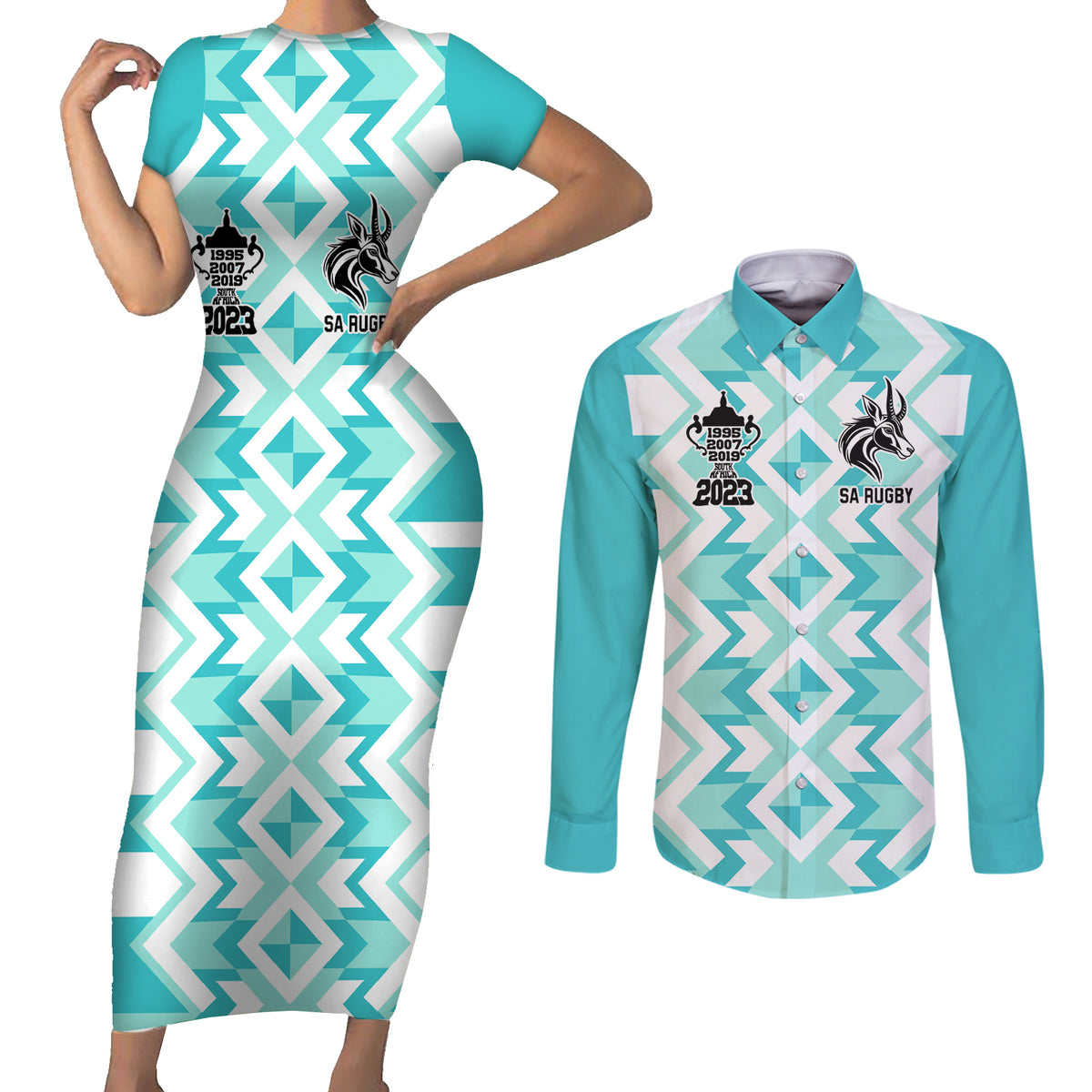South Africa Rugby Couples Matching Short Sleeve Bodycon Dress and Long Sleeve Button Shirt Commemorative World Cup Winners 2023 - Wonder Print Shop