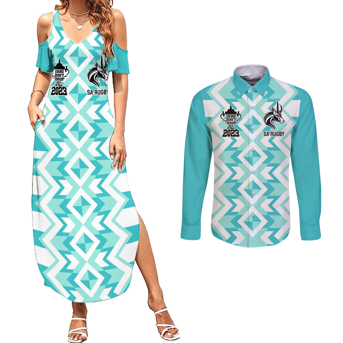 South Africa Rugby Couples Matching Summer Maxi Dress and Long Sleeve Button Shirt Commemorative World Cup Winners 2023 - Wonder Print Shop