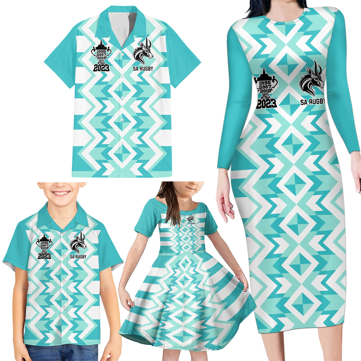 South Africa Rugby Family Matching Long Sleeve Bodycon Dress and Hawaiian Shirt Commemorative World Cup Winners 2023 - Wonder Print Shop