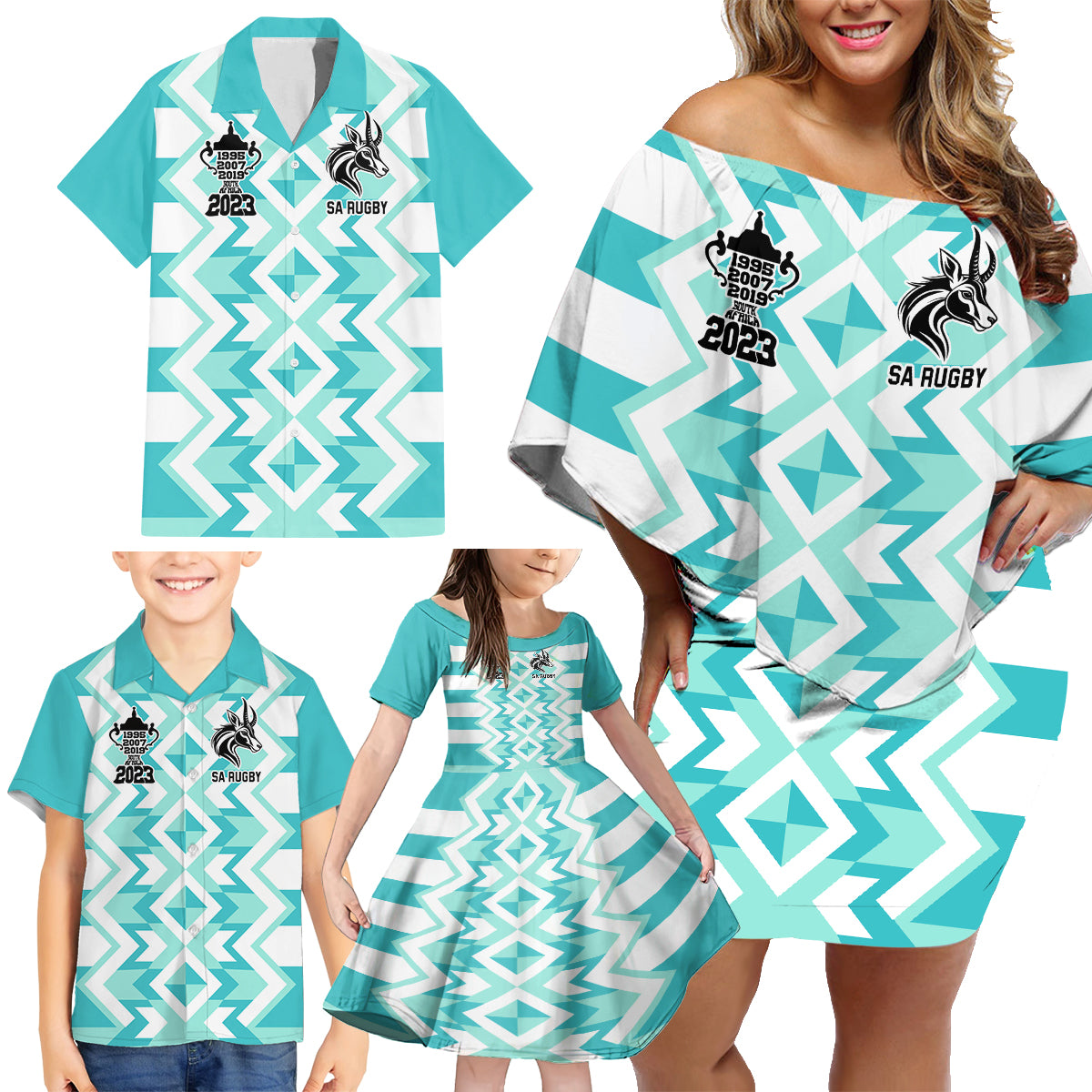 South Africa Rugby Family Matching Off Shoulder Short Dress and Hawaiian Shirt Commemorative World Cup Winners 2023 - Wonder Print Shop