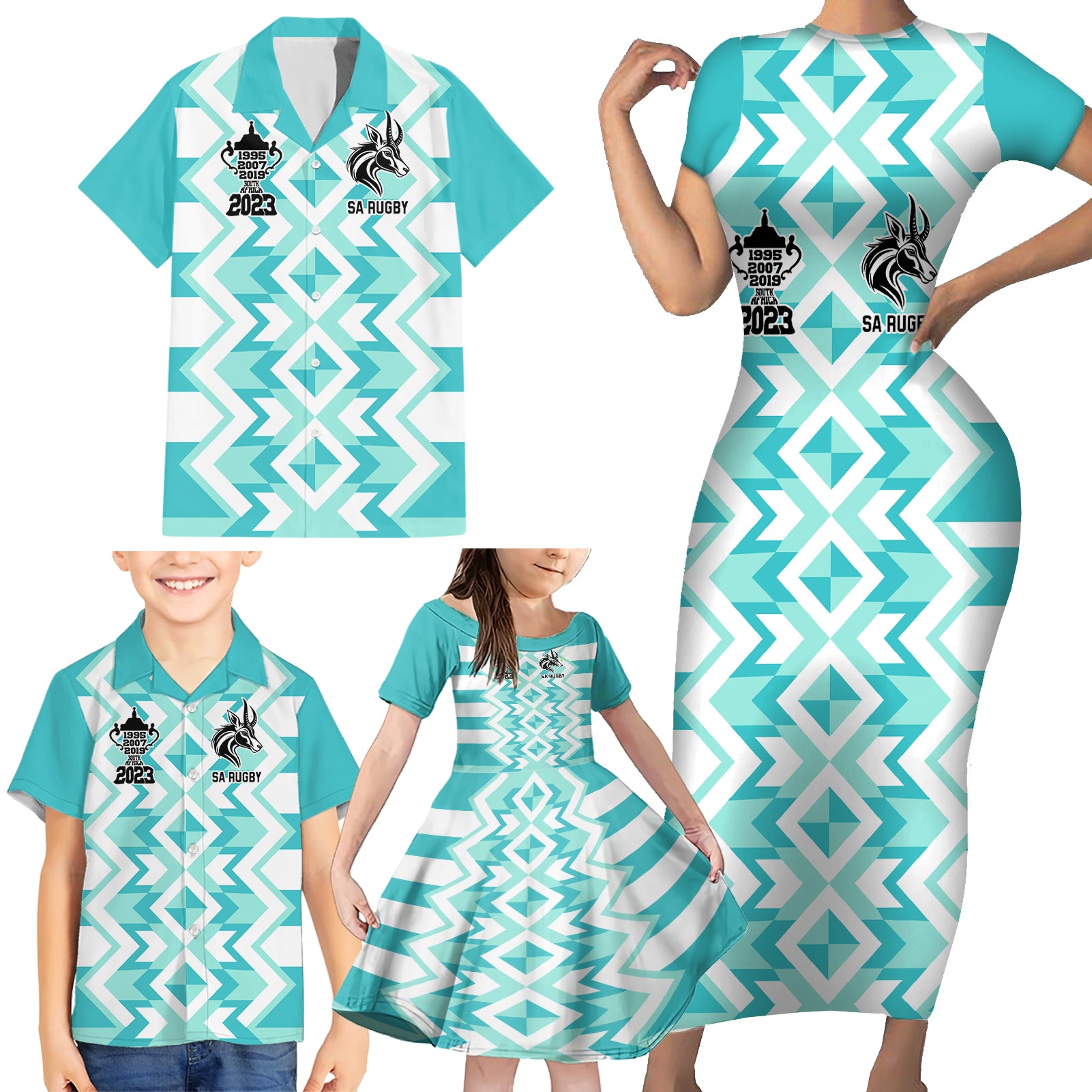 South Africa Rugby Family Matching Short Sleeve Bodycon Dress and Hawaiian Shirt Commemorative World Cup Winners 2023 - Wonder Print Shop