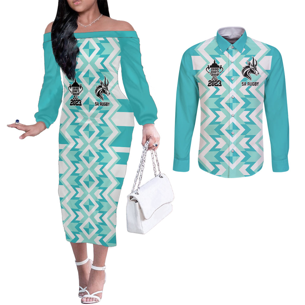 personalised-south-africa-rugby-couples-matching-off-the-shoulder-long-sleeve-dress-and-long-sleeve-button-shirt-commemorative-world-cup-winners-2023
