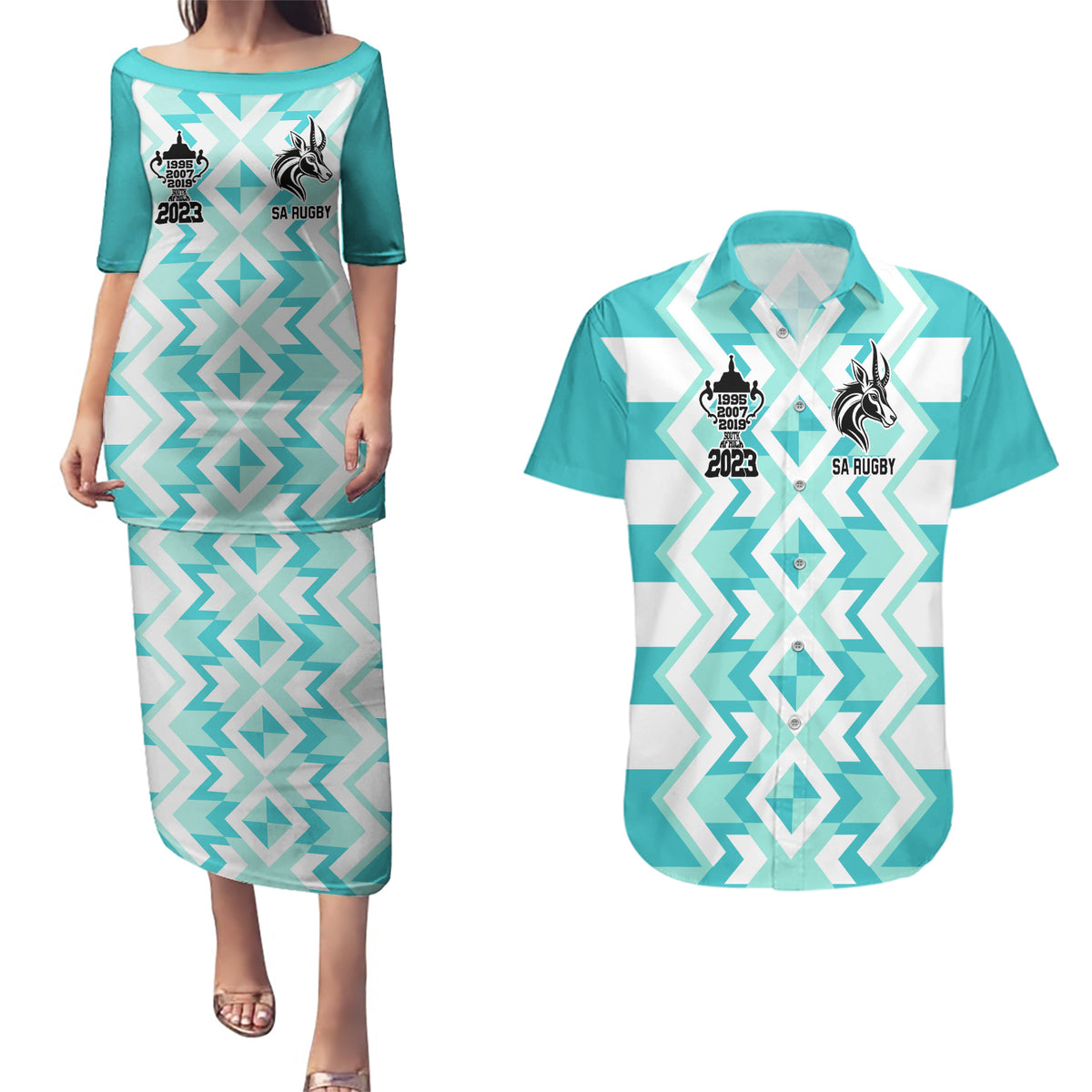 Personalised South Africa Rugby Couples Matching Puletasi Dress and Hawaiian Shirt Commemorative World Cup Winners 2023 - Wonder Print Shop