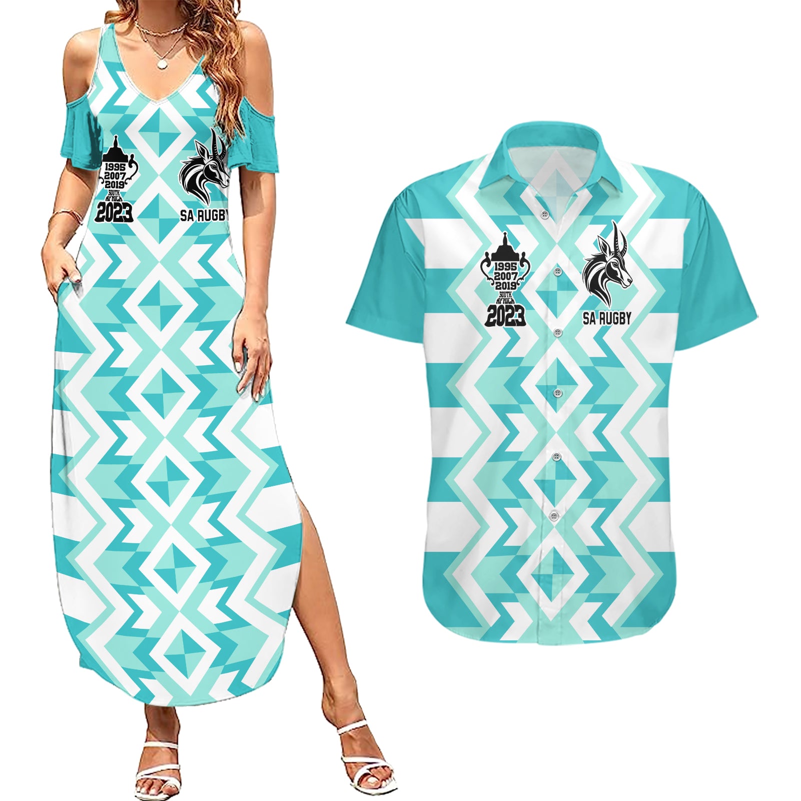 Personalised South Africa Rugby Couples Matching Summer Maxi Dress and Hawaiian Shirt Commemorative World Cup Winners 2023 - Wonder Print Shop