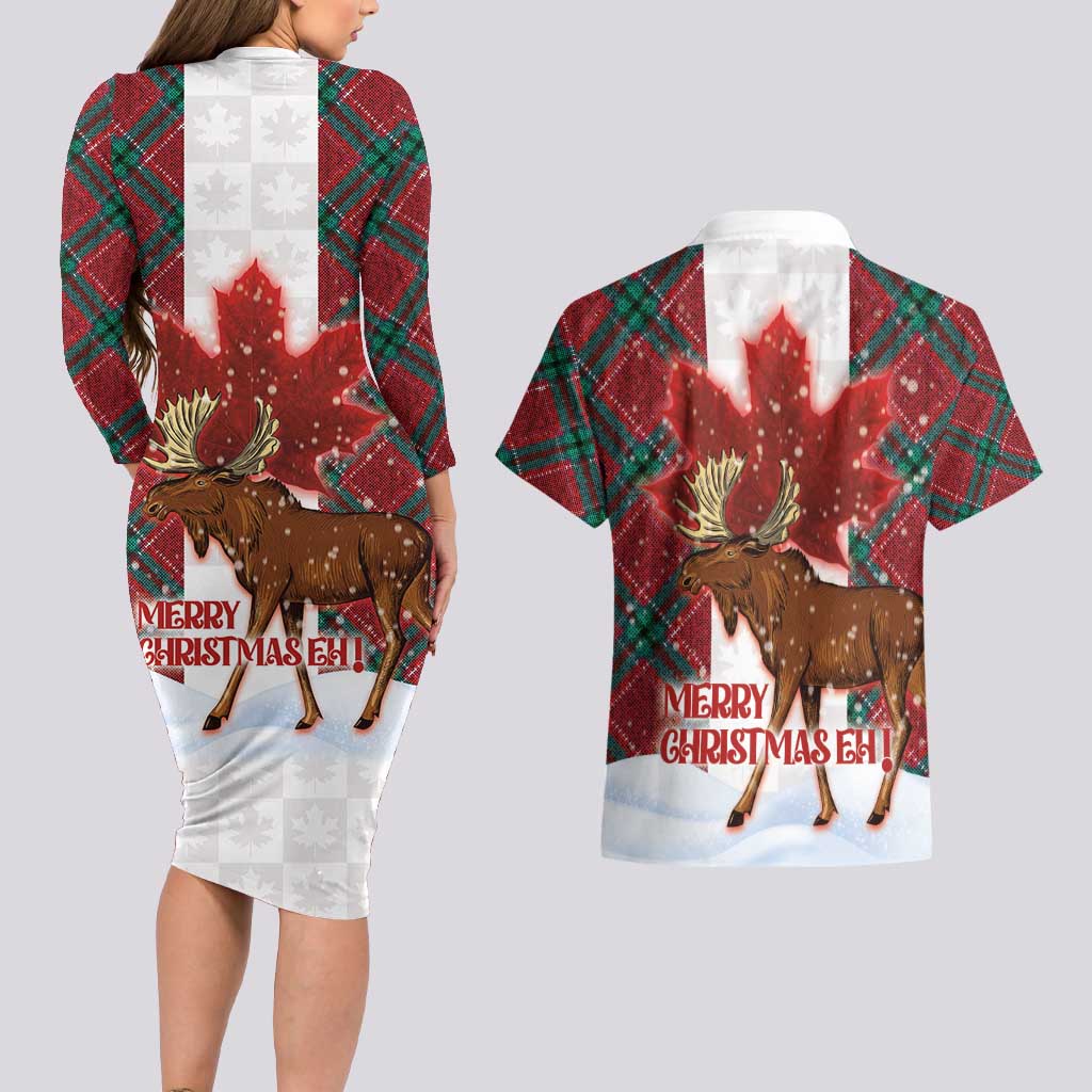 Canadian Christmas - Moose and Maple Retro Style Couples Matching Long Sleeve Bodycon Dress and Hawaiian Shirt - Wonder Print Shop