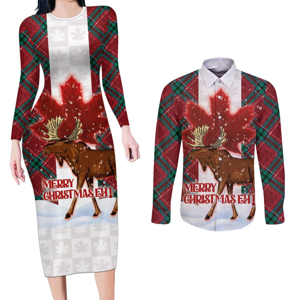Canadian Christmas - Moose and Maple Retro Style Couples Matching Long Sleeve Bodycon Dress and Long Sleeve Button Shirt - Wonder Print Shop