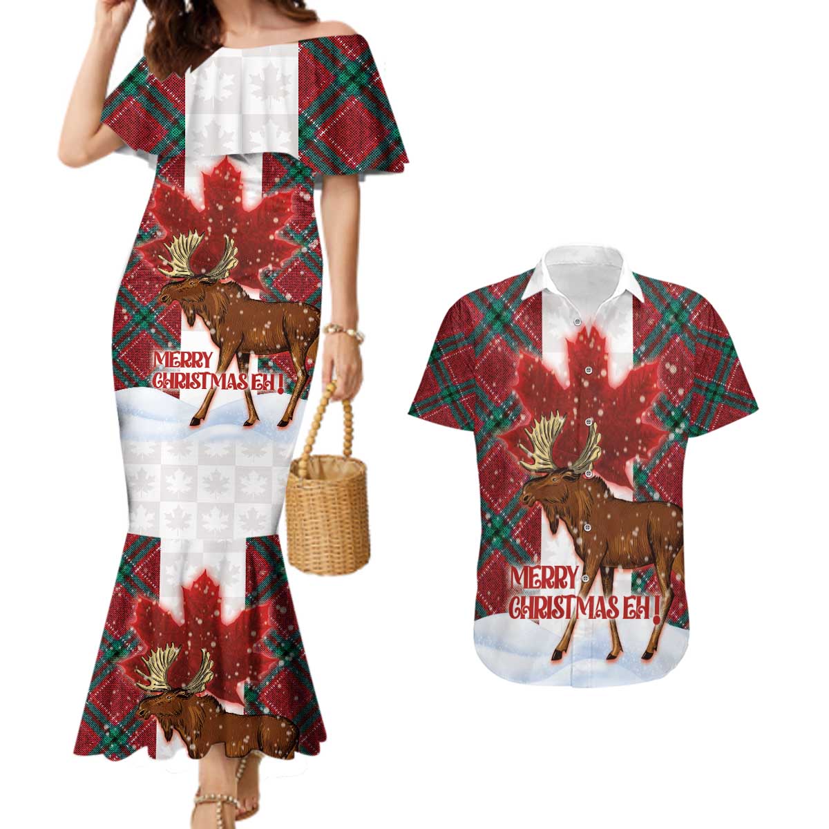 Canadian Christmas - Moose and Maple Retro Style Couples Matching Mermaid Dress and Hawaiian Shirt - Wonder Print Shop