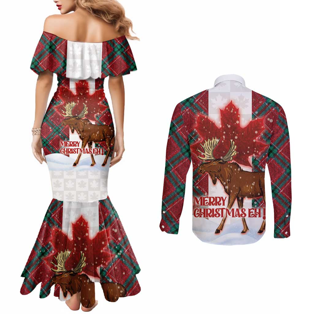 Canadian Christmas - Moose and Maple Retro Style Couples Matching Mermaid Dress and Long Sleeve Button Shirt