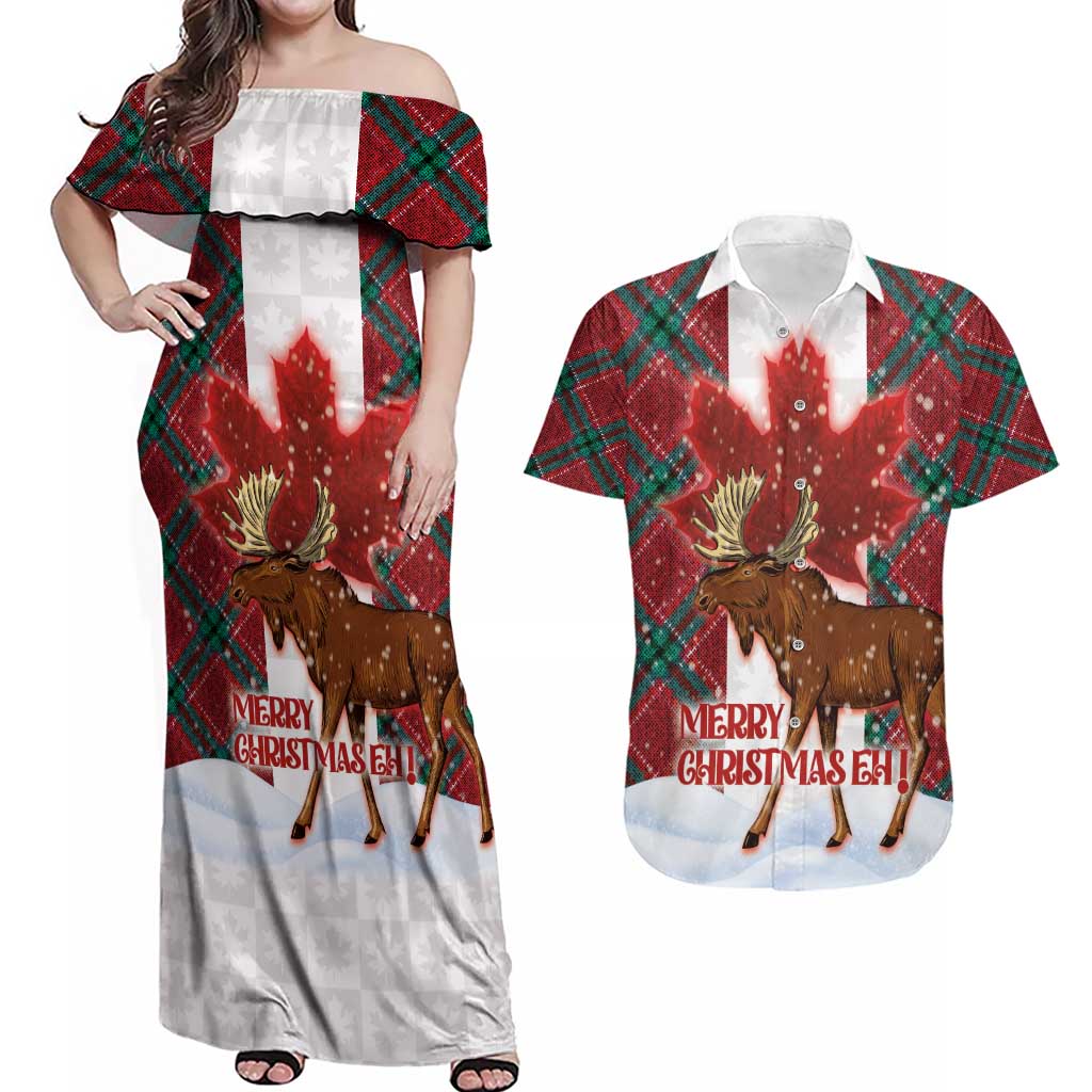 Canadian Christmas - Moose and Maple Retro Style Couples Matching Off Shoulder Maxi Dress and Hawaiian Shirt - Wonder Print Shop