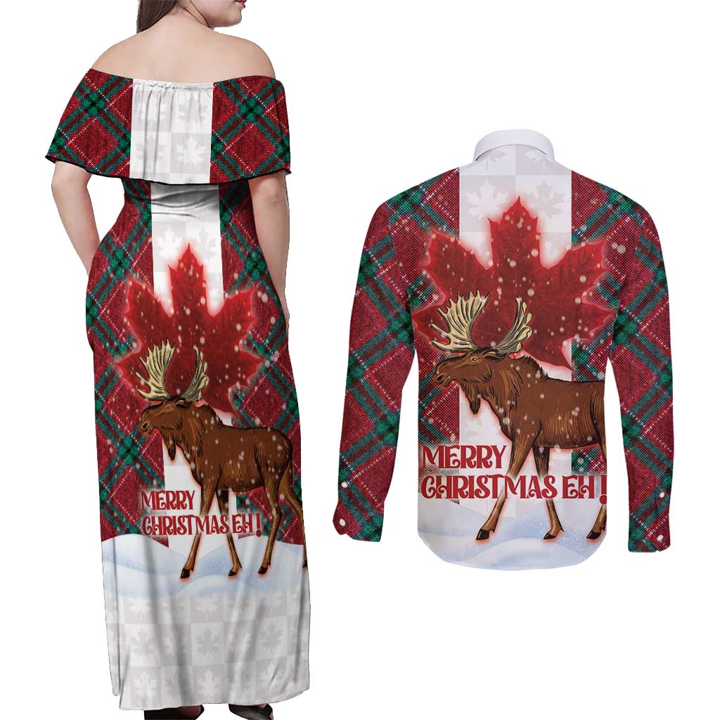 Canadian Christmas - Moose and Maple Retro Style Couples Matching Off Shoulder Maxi Dress and Long Sleeve Button Shirt - Wonder Print Shop