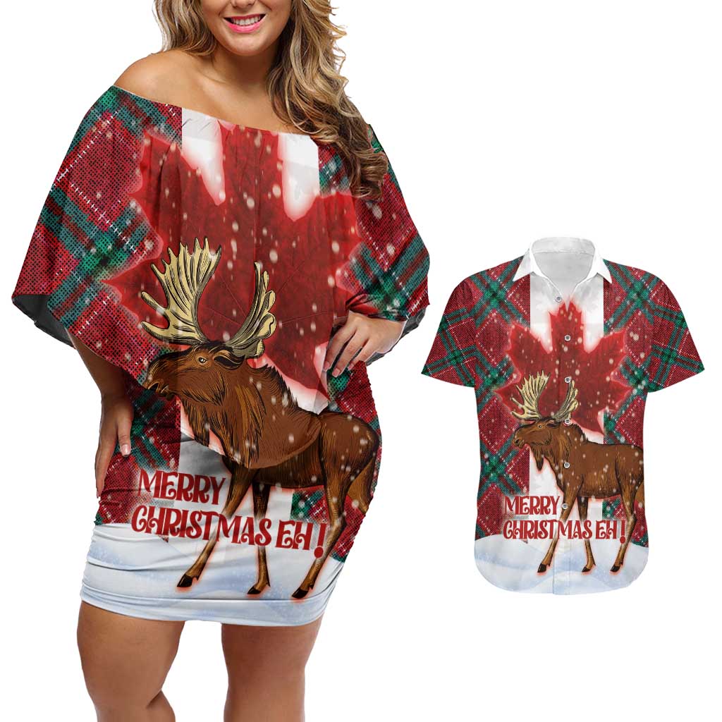 Canadian Christmas - Moose and Maple Retro Style Couples Matching Off Shoulder Short Dress and Hawaiian Shirt - Wonder Print Shop