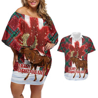 Canadian Christmas - Moose and Maple Retro Style Couples Matching Off Shoulder Short Dress and Hawaiian Shirt - Wonder Print Shop